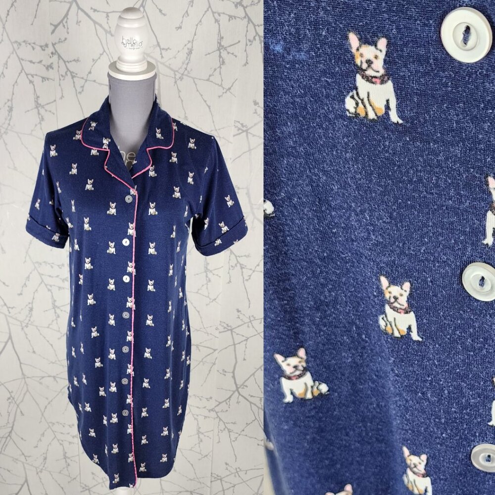 Claudel Navy Frenchie Dog Print Pajama Night Shirt Dress